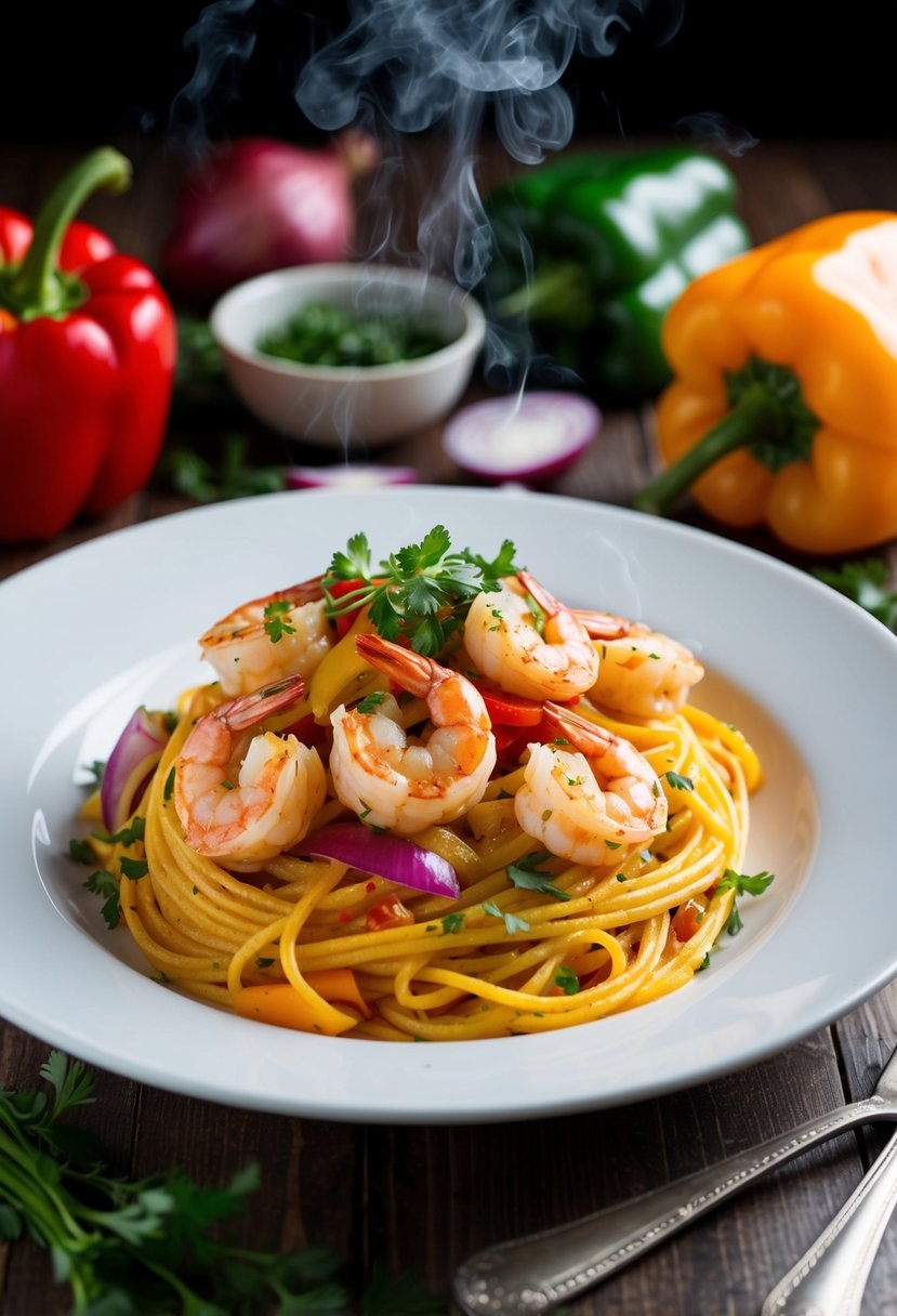 A steaming plate of Cajun Shrimp Pasta with colorful bell peppers and onions, garnished with fresh herbs