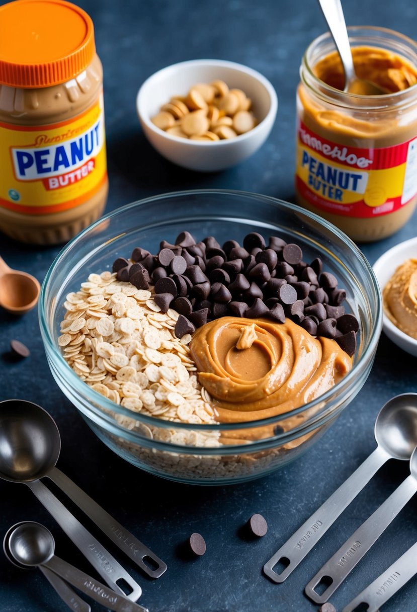 A mixing bowl filled with oats, chocolate chips, and peanut butter, surrounded by measuring spoons and a jar of peanut butter