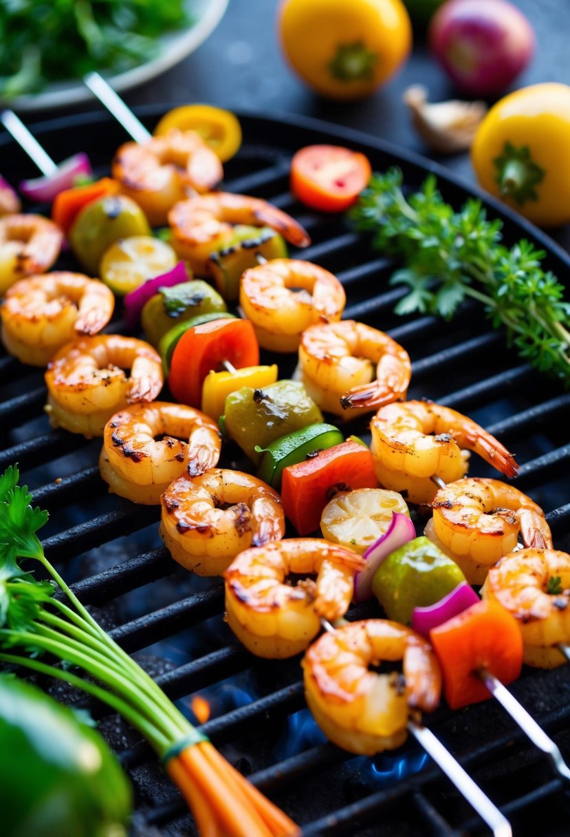 A sizzling grill with skewers of succulent honey garlic shrimp, surrounded by fresh herbs and colorful vegetables