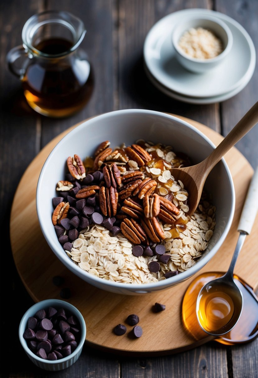 A mixing bowl filled with oats, pecans, and chocolate chips, surrounded by maple syrup and a wooden spoon