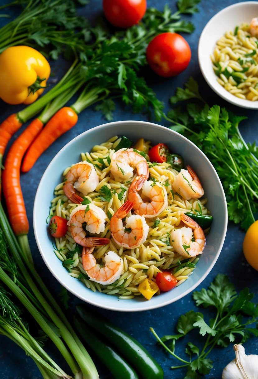 A colorful bowl of orzo mixed with fresh Mediterranean shrimp, surrounded by vibrant vegetables and herbs