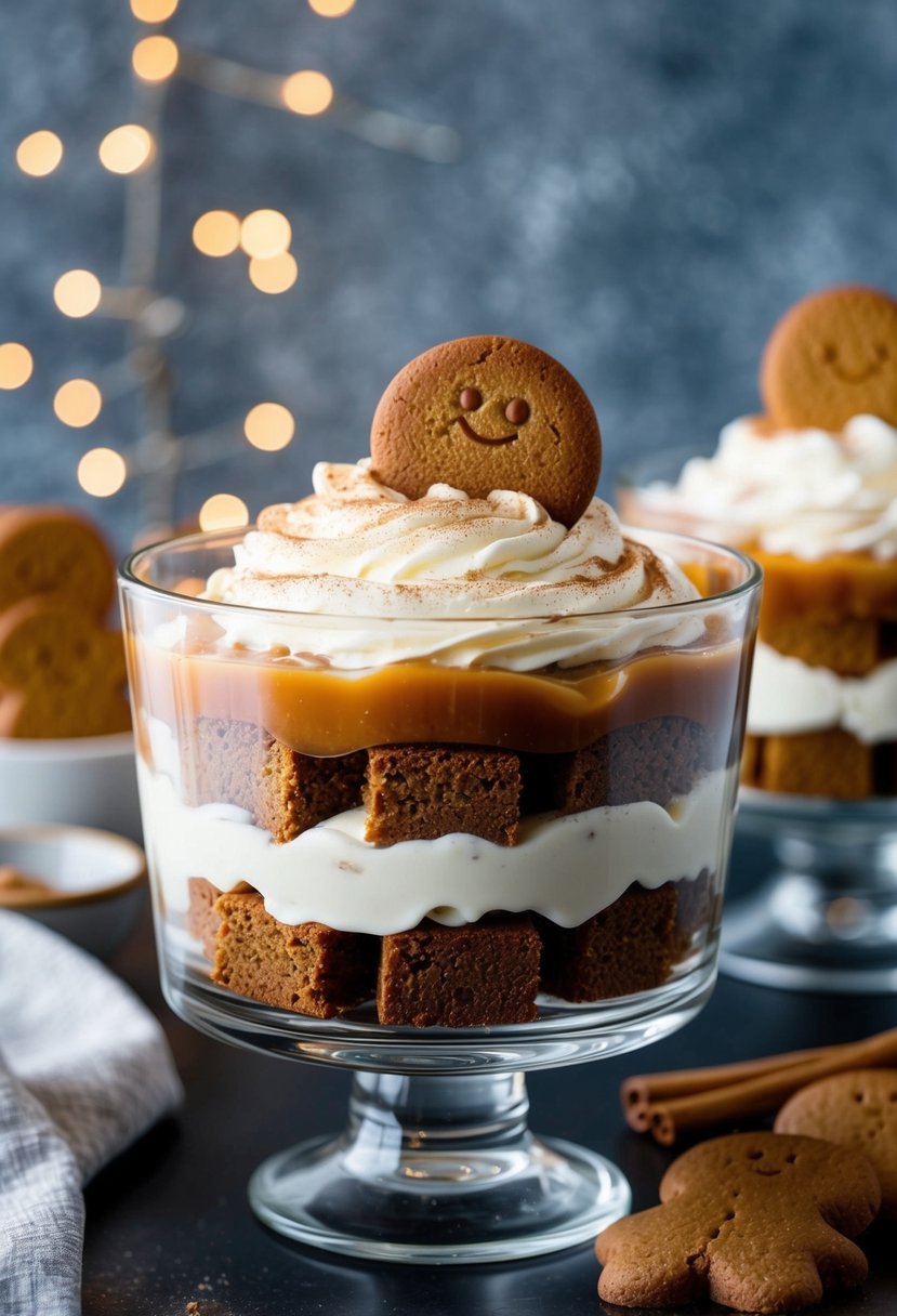 A glass trifle dish filled with layers of gingerbread, whipped cream, and caramel sauce, topped with a sprinkle of cinnamon and a gingerbread cookie