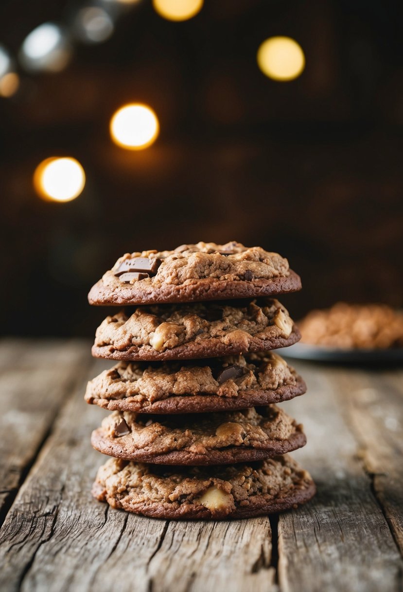 A stack of double chocolate oatmeal cookies on a rustic wooden table