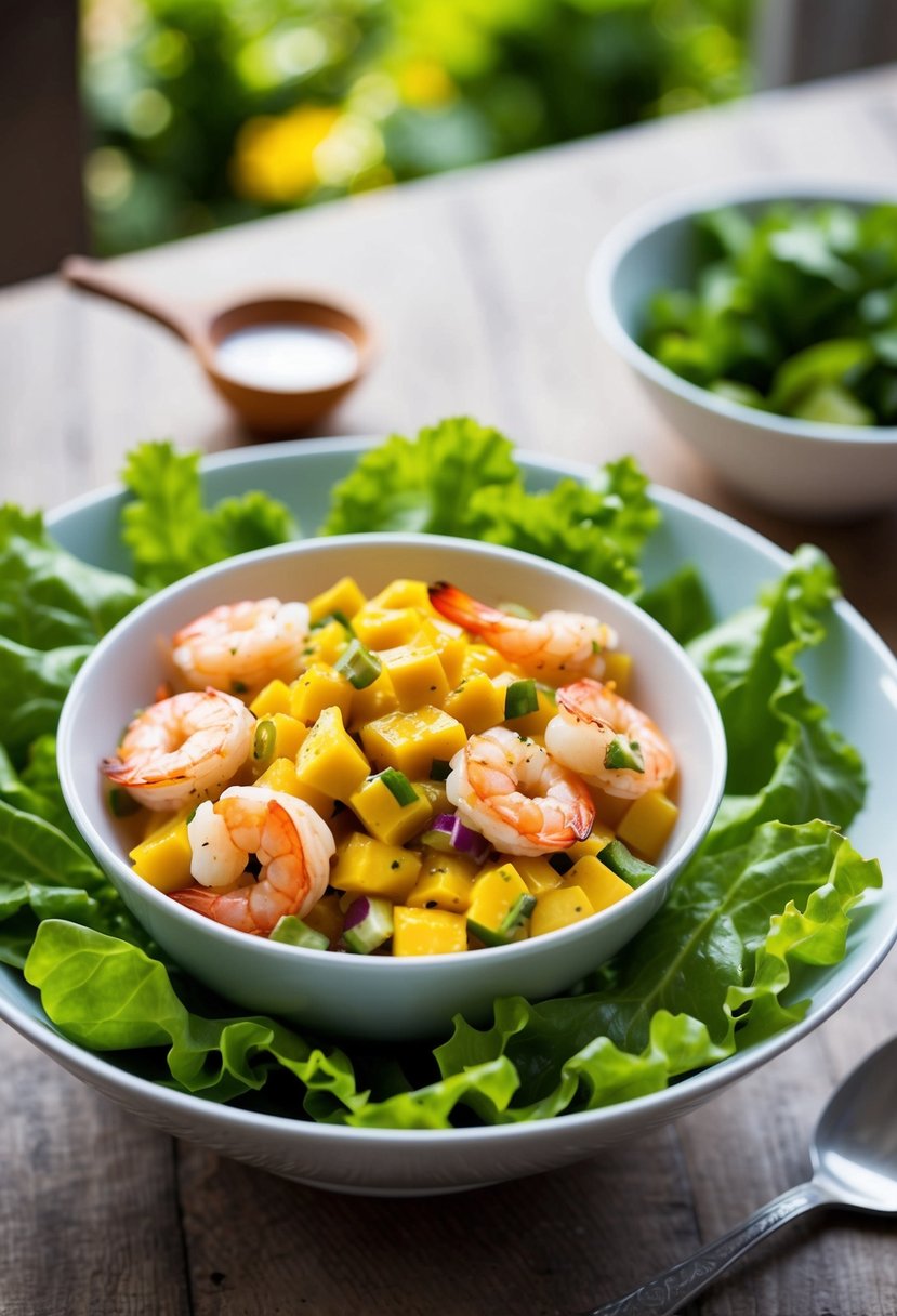 A bowl of vibrant mango salsa with grilled shrimp on a bed of lettuce