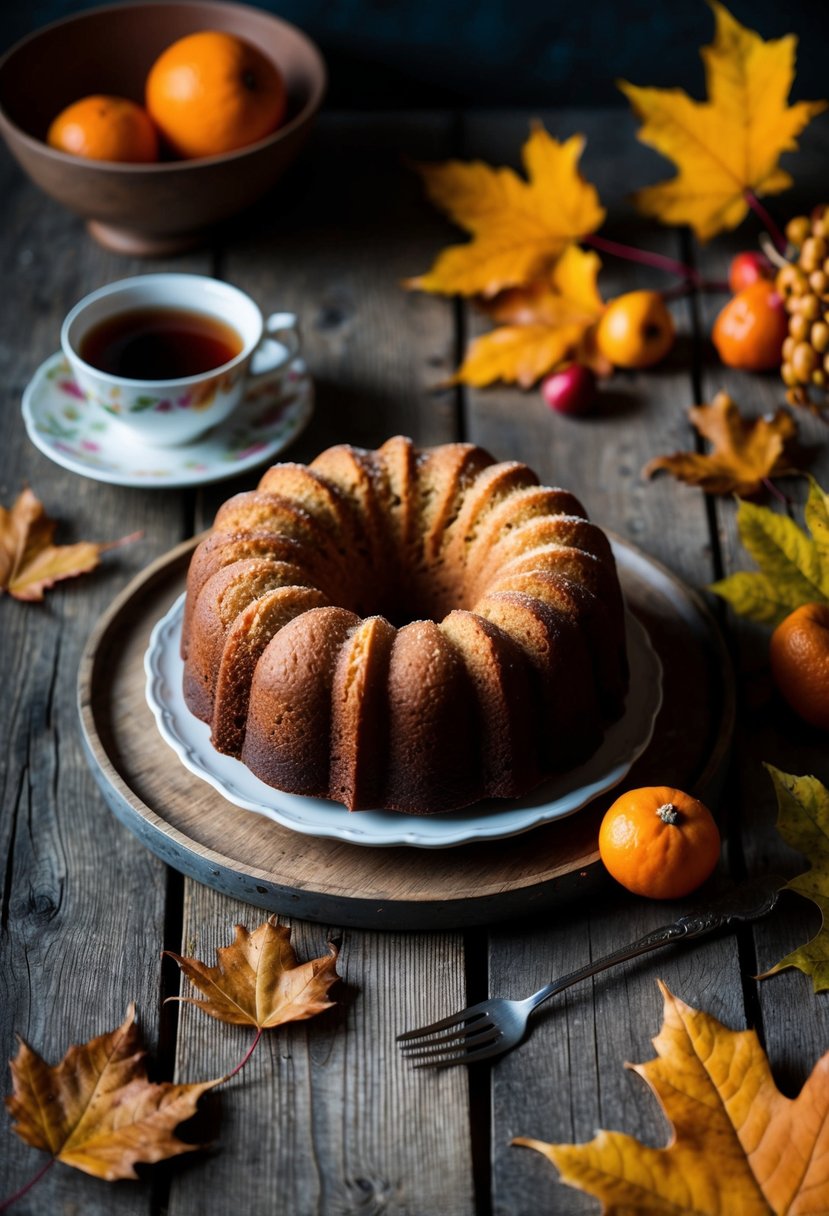 A rustic kitchen table adorned with a freshly baked cranberry orange pound cake, surrounded by autumn leaves and a warm cup of tea