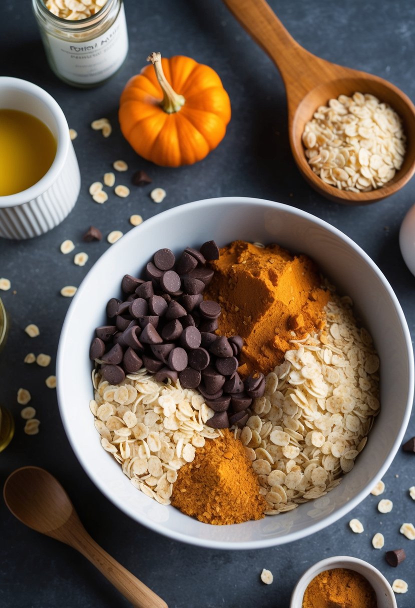 A mixing bowl filled with oats, chocolate chips, and pumpkin spice, surrounded by ingredients and a wooden spoon