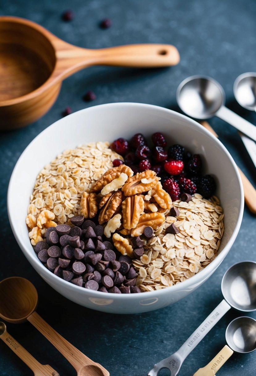 A mixing bowl filled with oats, cranberries, walnuts, and chocolate chips, surrounded by measuring spoons and a wooden spoon