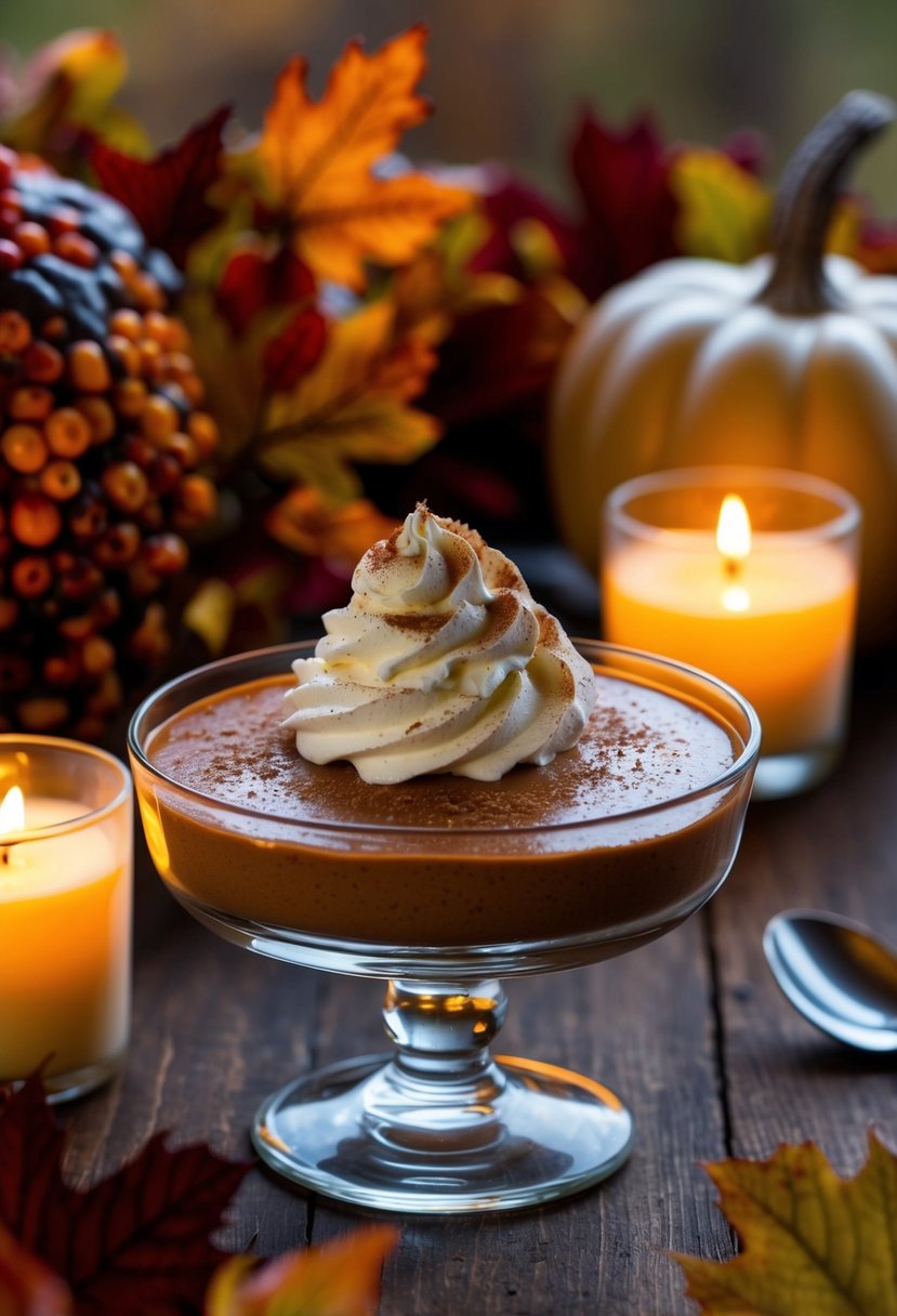 A glass dish of pomegranate molasses mousse topped with a dollop of whipped cream and a sprinkle of cinnamon, surrounded by fall foliage and a warm candle glow