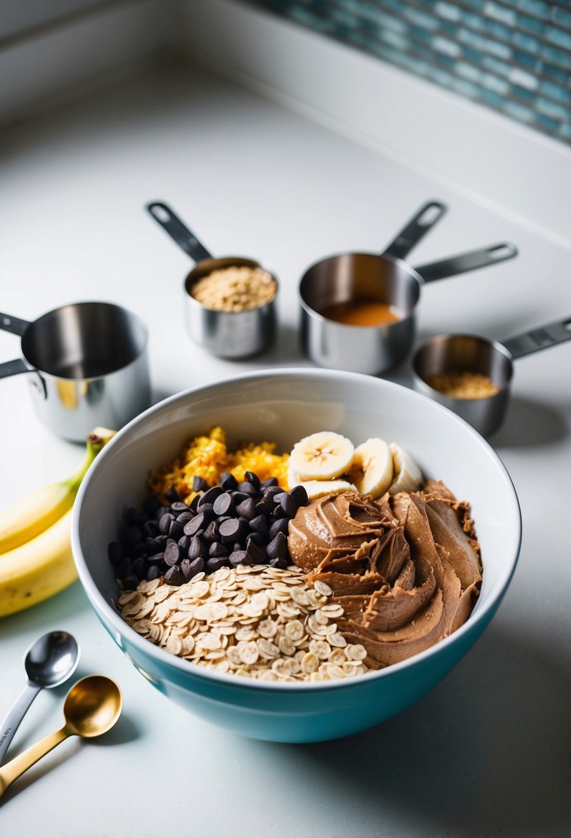 A mixing bowl filled with oats, chocolate chips, and mashed bananas, surrounded by measuring cups and spoons on a clean kitchen counter