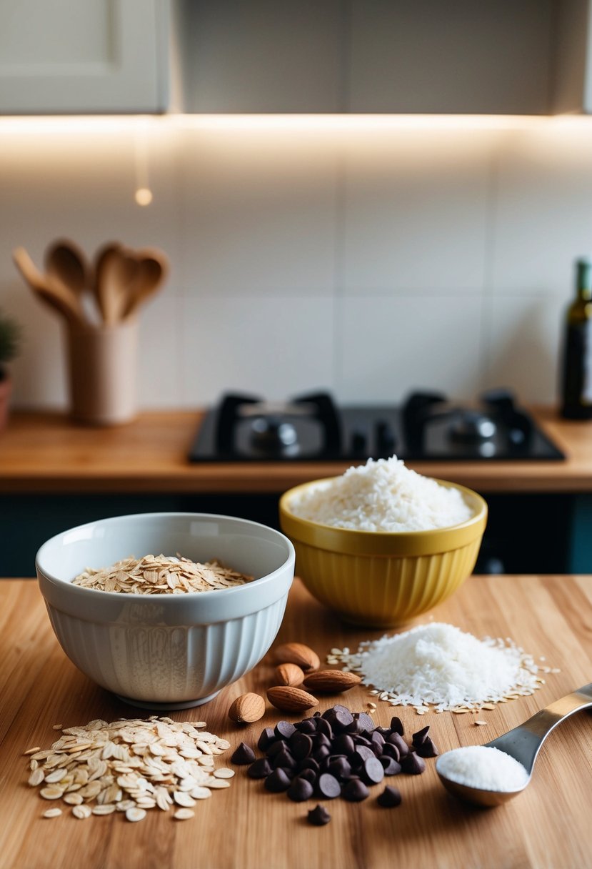 A kitchen counter with ingredients: oats, almonds, coconut, and chocolate chips, along with a mixing bowl and a spoon