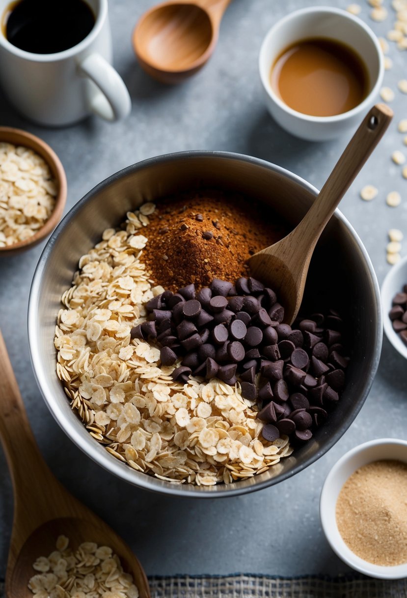 A mixing bowl filled with oats, chocolate chips, and espresso, surrounded by ingredients and a wooden spoon