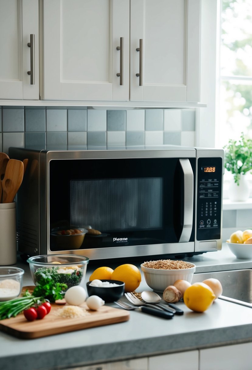 A microwave with a variety of ingredients and utensils laid out on a clean kitchen counter