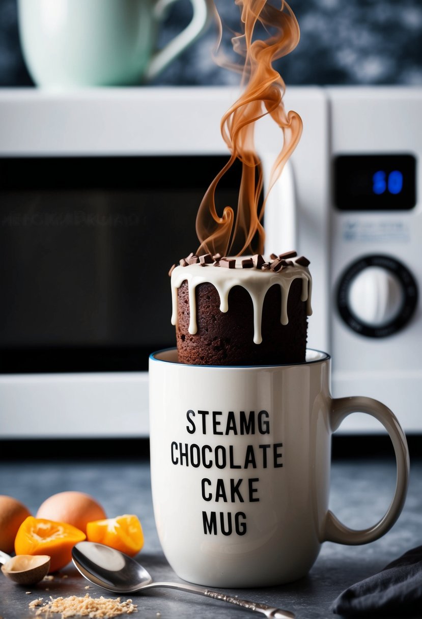 A mug with ingredients, a microwave, and a steaming chocolate cake emerging from the mug