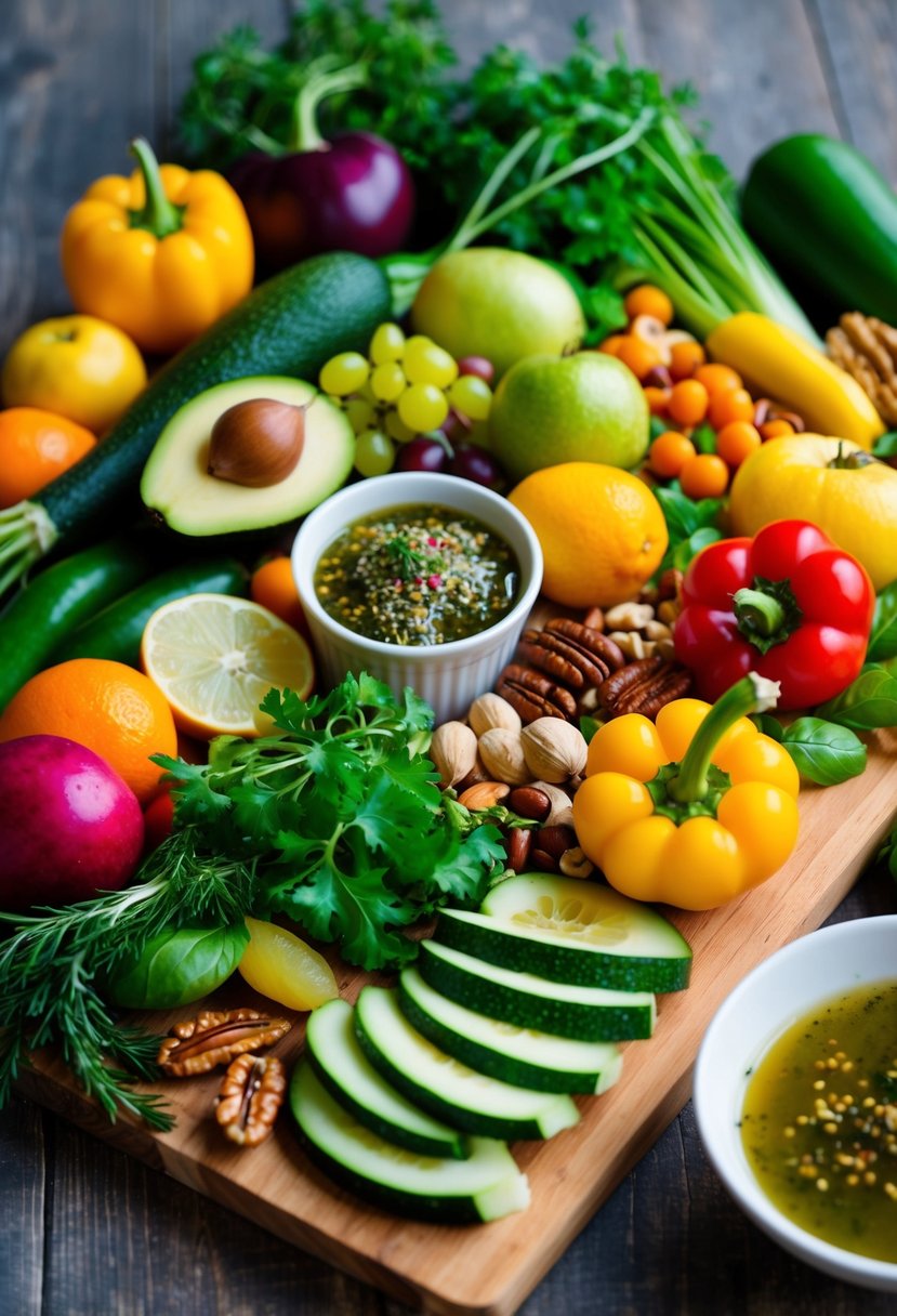 A colorful array of fresh vegetables, fruits, nuts, and herbs arranged on a wooden cutting board, with a bowl of homemade vinaigrette on the side