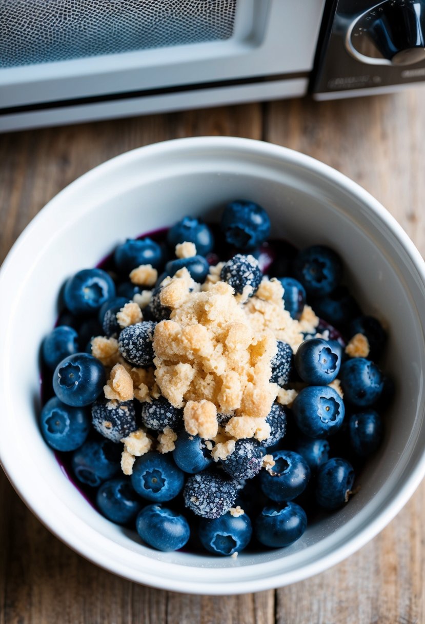 A bowl of blueberries mixed with sugar and topped with crumble in a microwave-safe dish