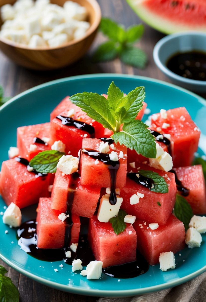 A vibrant watermelon feta salad, with chunks of juicy watermelon, crumbled feta cheese, fresh mint leaves, and a drizzle of balsamic glaze