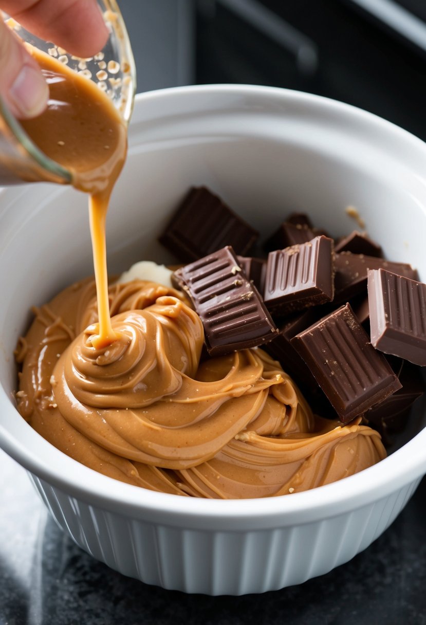 A bowl of peanut butter, chocolate, and condensed milk being mixed together in a microwave-safe dish