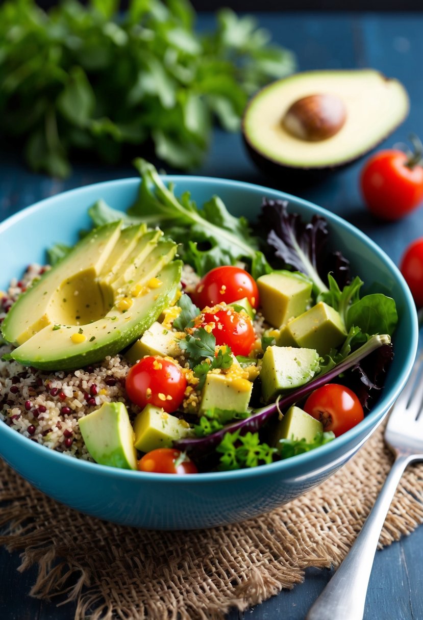 A colorful bowl filled with quinoa, avocado, cherry tomatoes, and mixed greens, drizzled with a zesty vinaigrette