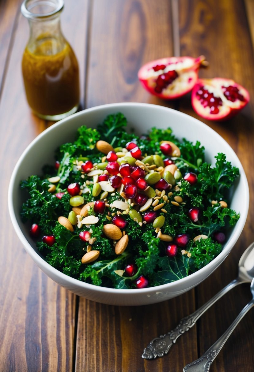 A bowl of vibrant kale and pomegranate salad with assorted nuts and seeds, drizzled with a tangy vinaigrette, sitting on a wooden table