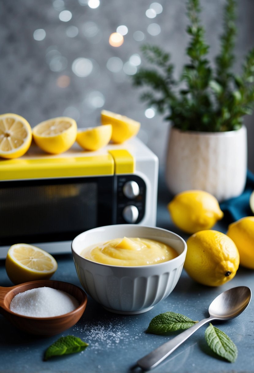 A microwave with a bowl of lemon curd surrounded by ingredients like lemons and sugar