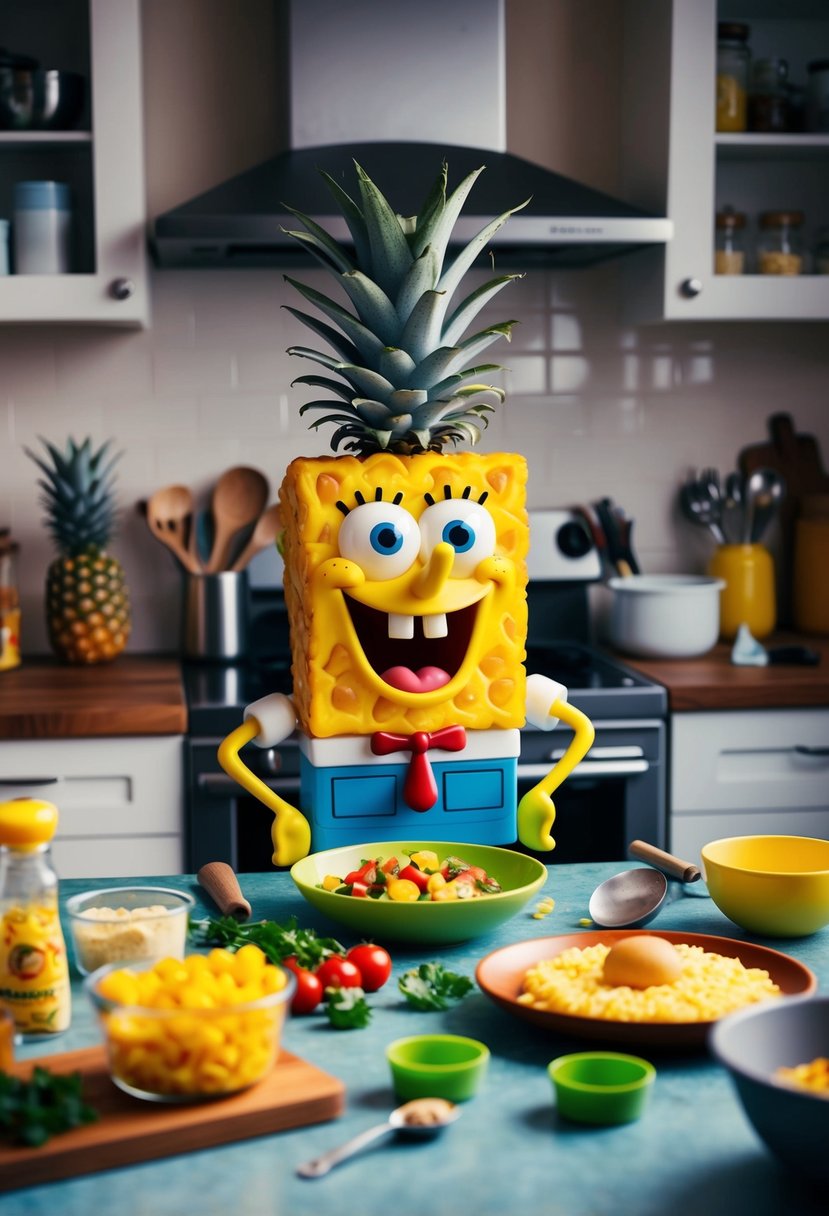 Spongebob's pineapple house kitchen with ingredients and cooking utensils scattered around