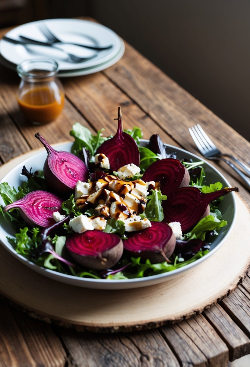 A rustic wooden table set with a vibrant, colorful salad composed of roasted beets, creamy goat cheese, mixed greens, and a drizzle of balsamic vinaigrette