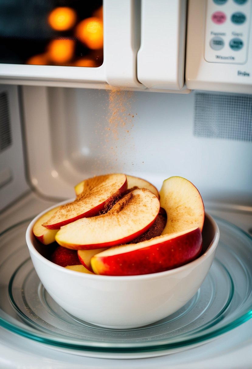 A bowl of sliced apples sprinkled with cinnamon, placed in a microwave