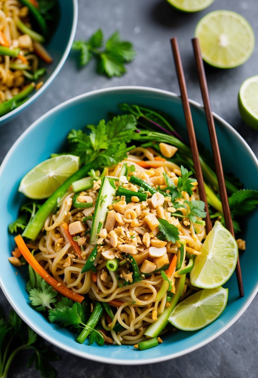 A vibrant bowl of Thai Noodle Salad with fresh vegetables, herbs, and a tangy dressing, garnished with crushed peanuts and lime wedges