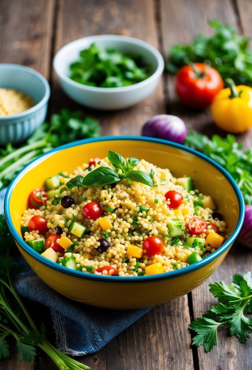 A colorful bowl of Mediterranean couscous salad surrounded by fresh vegetables and herbs on a rustic wooden table