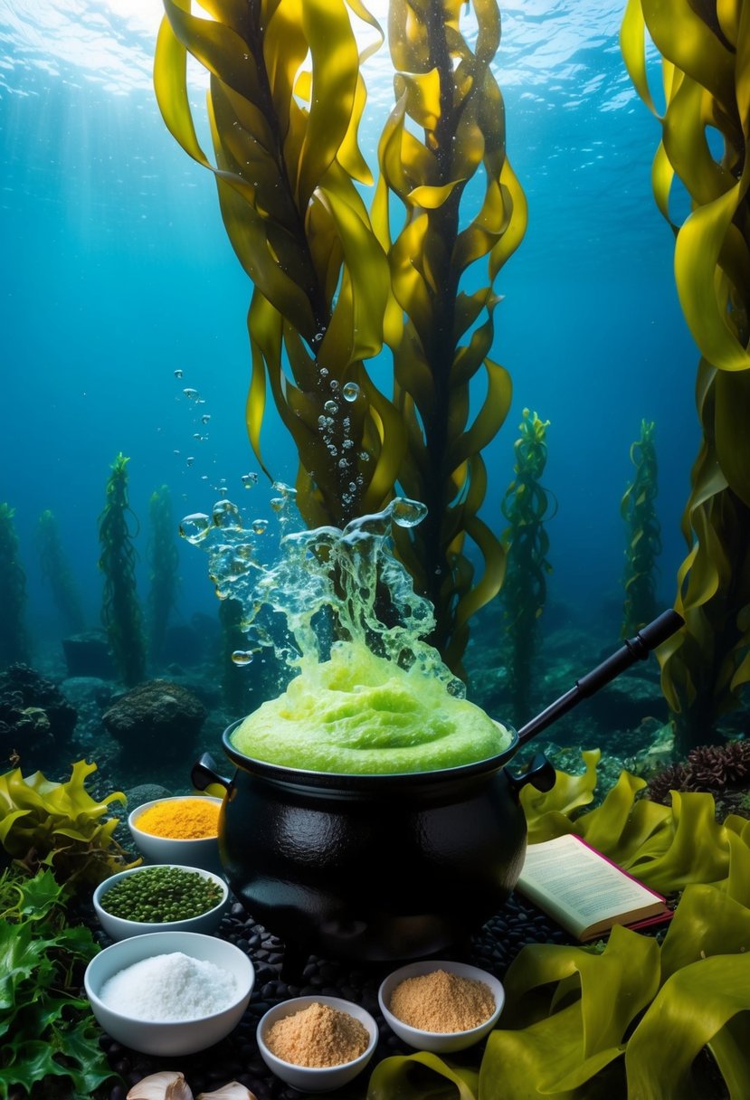 A colorful underwater kelp forest with a bubbling cauldron of green kelp shake surrounded by various ingredients and a recipe book