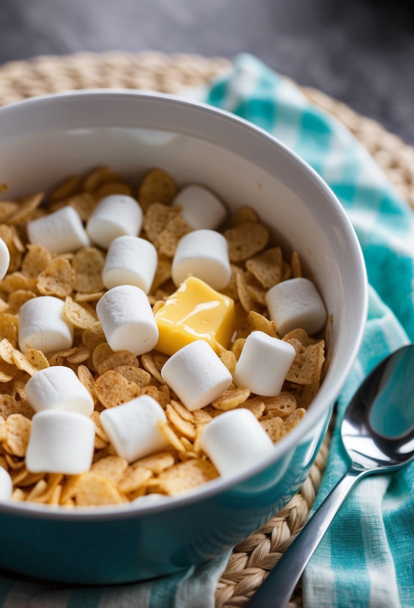 A bowl of melted marshmallows and butter mixed with Rice Krispies cereal in a microwave-safe dish