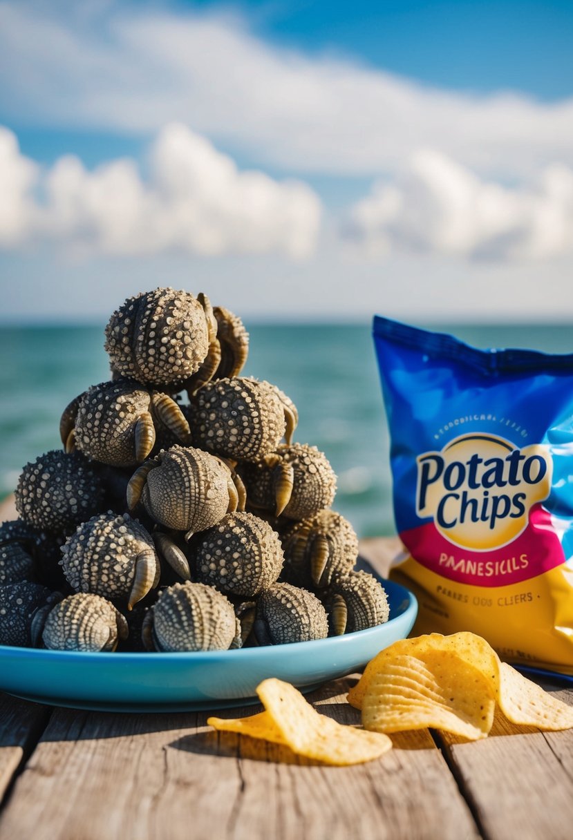 A pile of barnacles stacked on a plate, with a bag of potato chips next to it