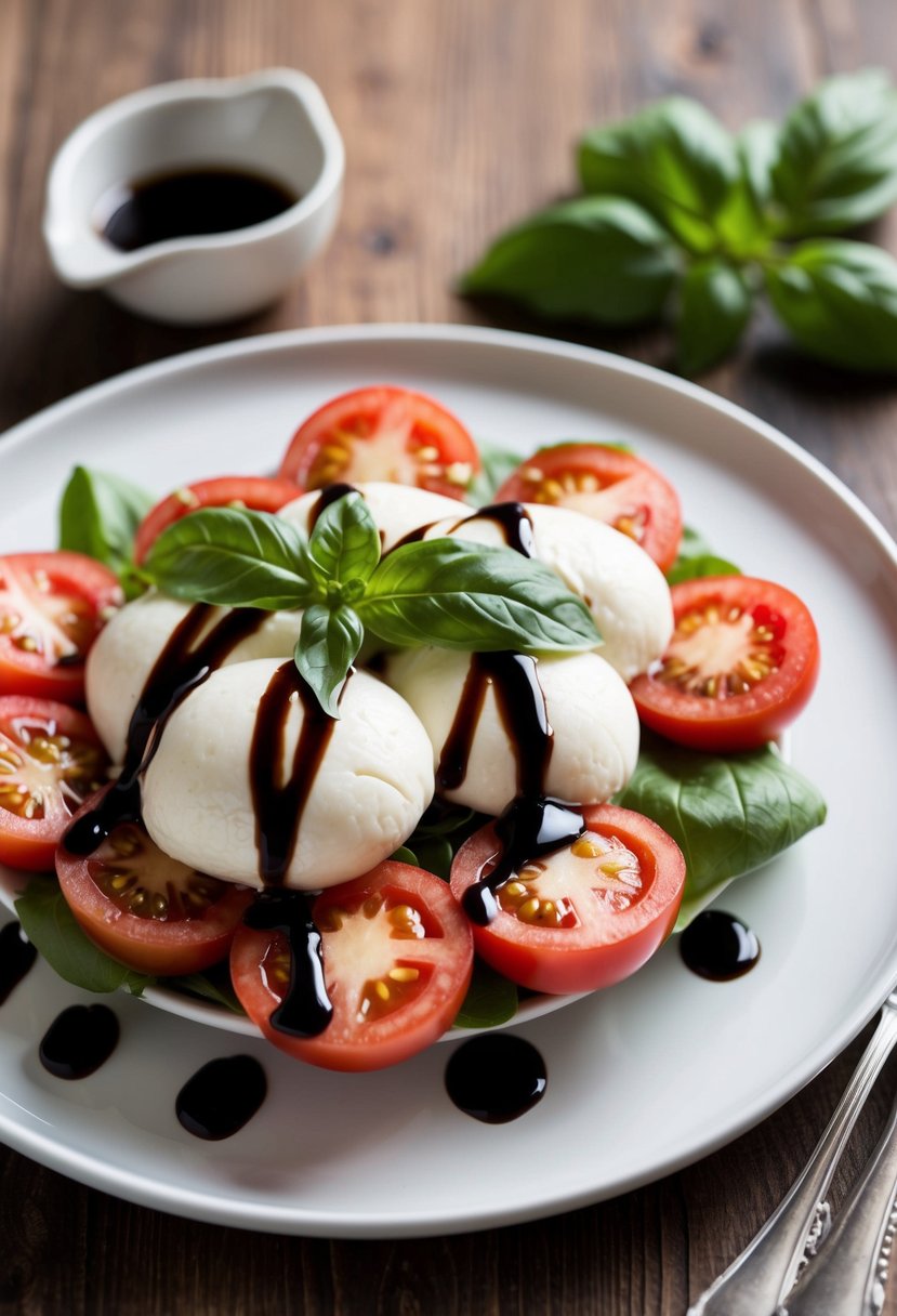 A vibrant Caprese Salad with fresh tomatoes, mozzarella, basil, and a drizzle of balsamic glaze on a white plate