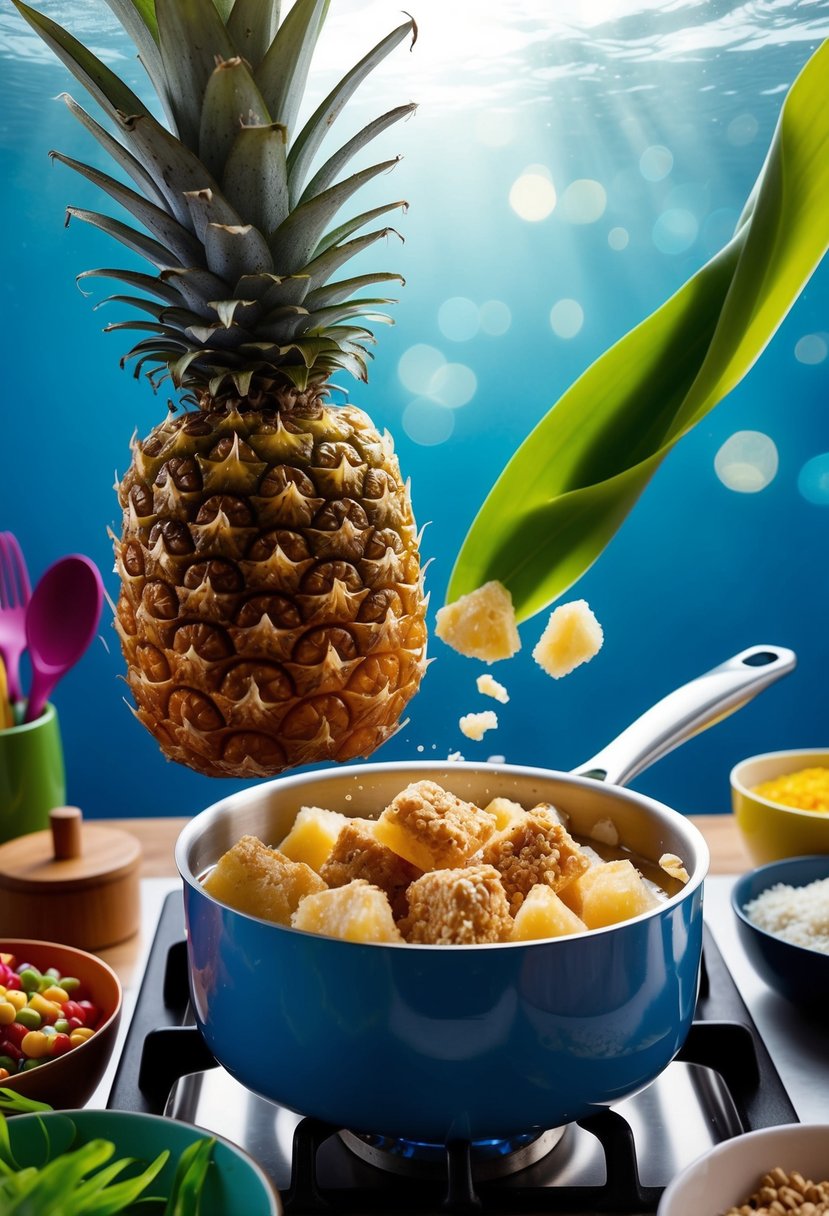 A pineapple under the sea with a pot of kelp nougat crunch on the stove, surrounded by colorful ingredients and kitchen utensils