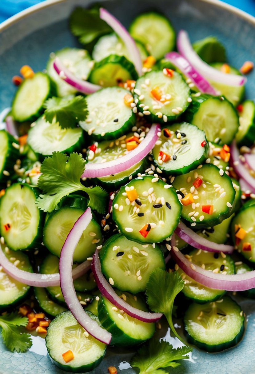 A colorful array of sliced cucumbers, red onions, and sesame seeds tossed in a tangy dressing, garnished with cilantro and chili flakes