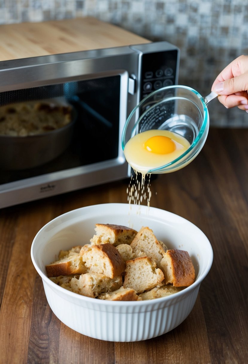 A bowl of bread pudding ingredients being mixed in a microwave-safe dish