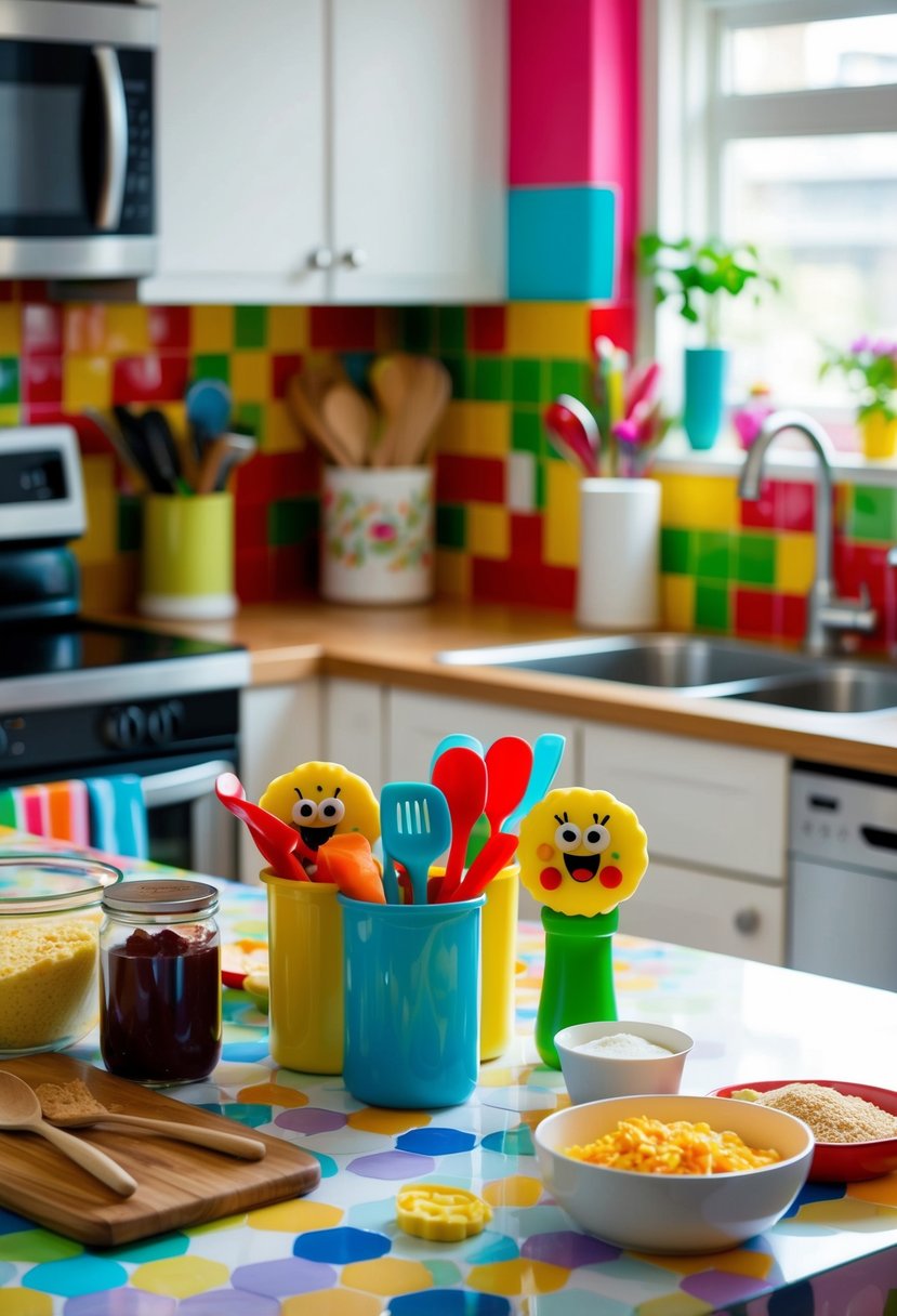 A colorful kitchen counter with ingredients and utensils for making Jelly Patty Spongebob recipes