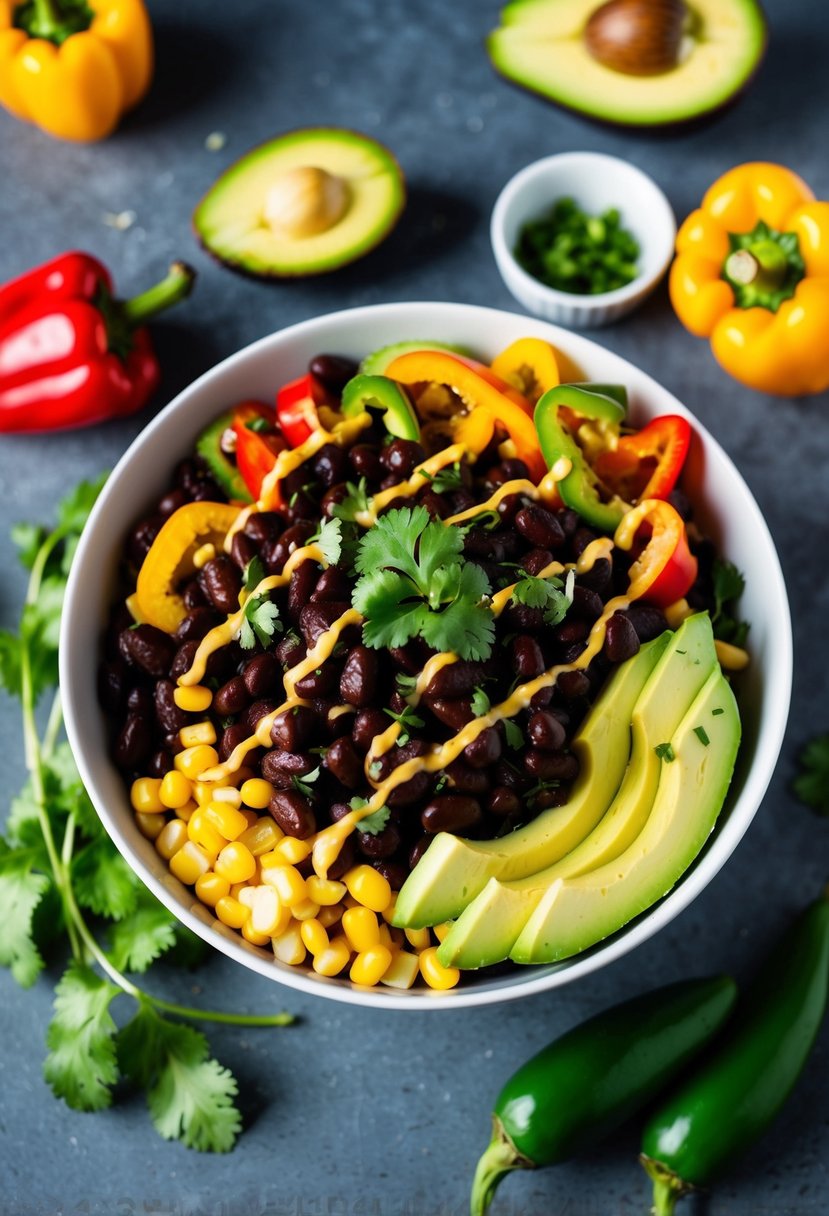 A vibrant bowl of black bean salad surrounded by colorful peppers, corn, and avocado, with a sprinkle of cilantro and a drizzle of zesty dressing