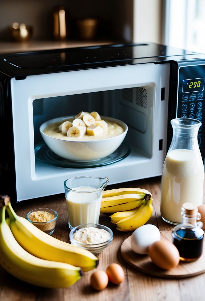 A microwave with a bowl of banana custard inside, surrounded by ingredients like bananas, eggs, milk, and vanilla extract