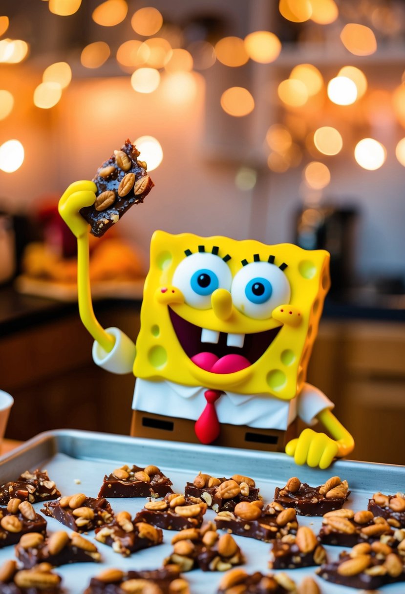 A cheerful SpongeBob decorates a batch of homemade Sea Nut Brittle with a big smile