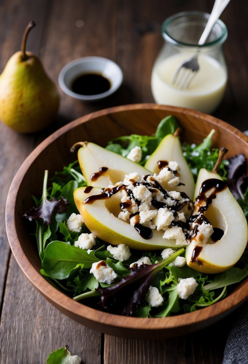 A rustic wooden bowl filled with ripe pears, crumbled Gorgonzola cheese, mixed greens, and a drizzle of balsamic vinaigrette