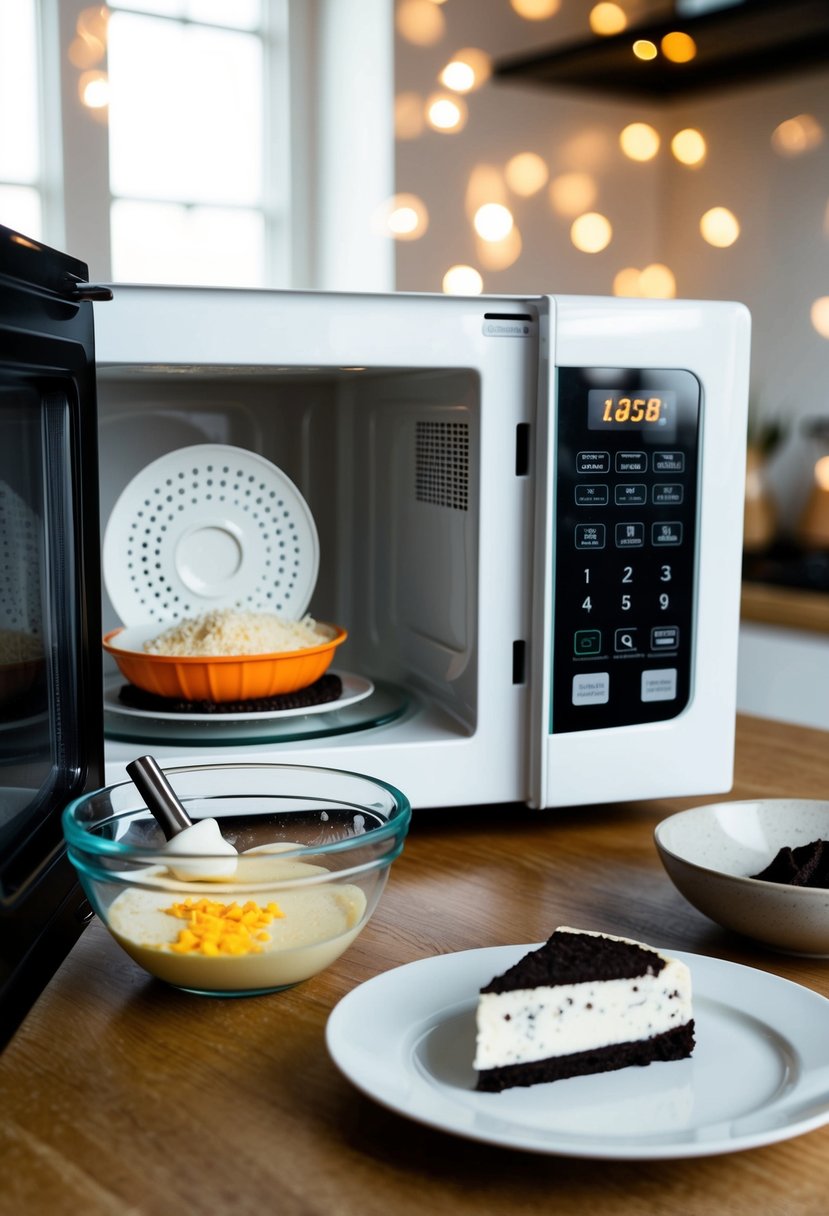 A microwave with a rotating plate inside, a mixing bowl with ingredients, and an Oreo cheesecake on a plate