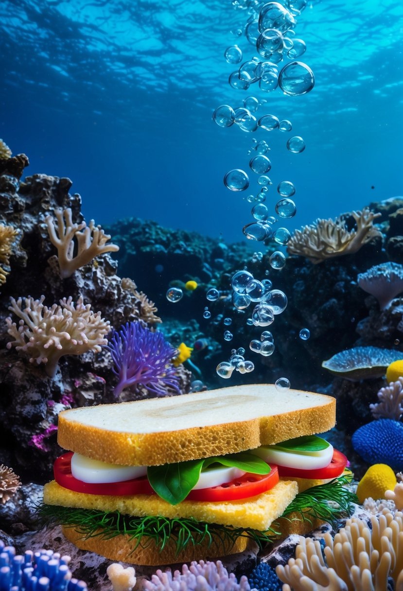 A vibrant underwater world with a colorful coral reef, bubbles rising, and a sandwich made of sea sponge and other ocean ingredients