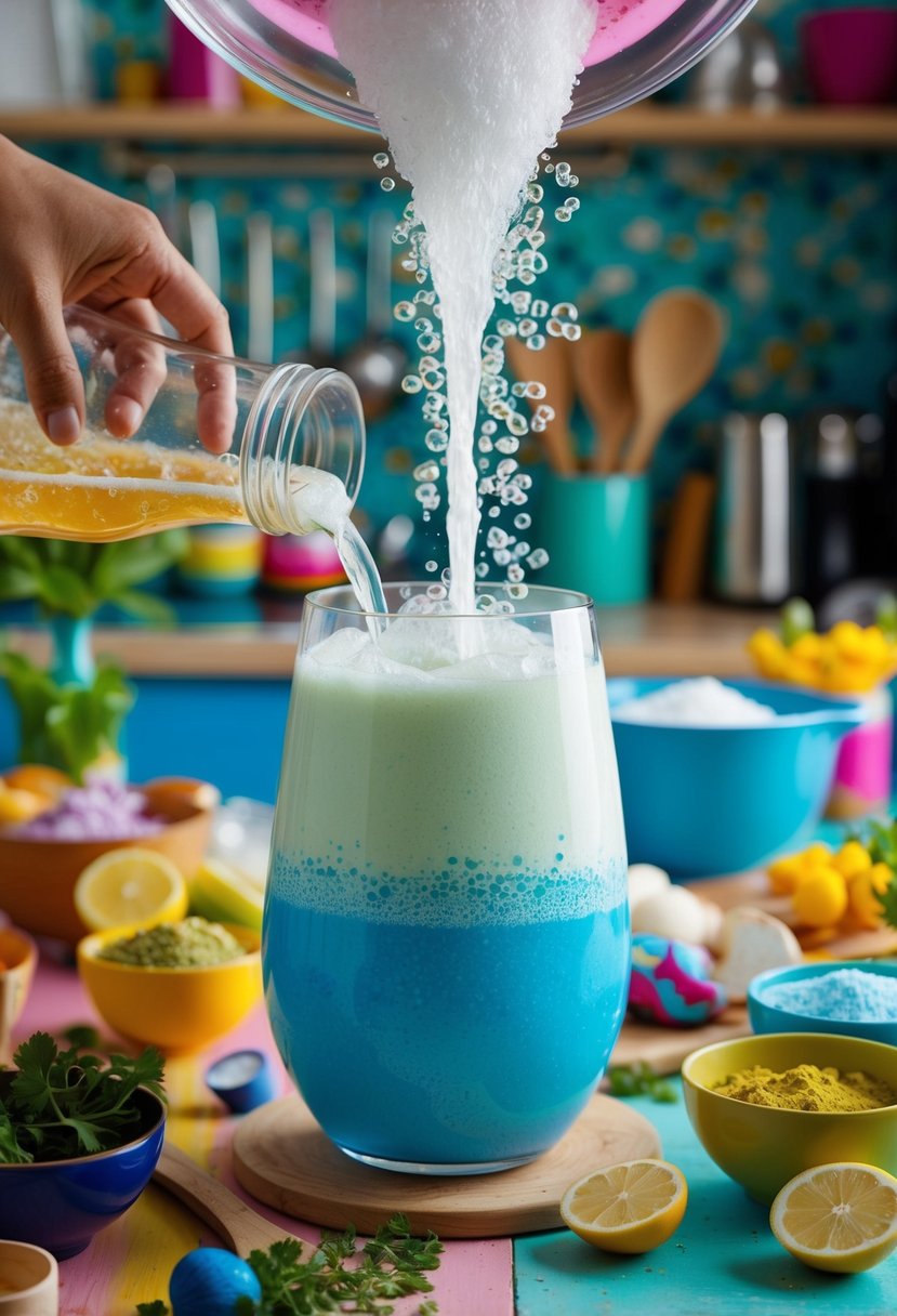 A bubbly seafoam soda recipe being mixed in a vibrant kitchen, surrounded by colorful ingredients and utensils