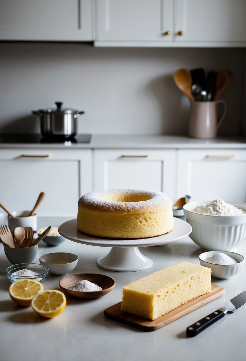 A pristine kitchen counter with ingredients and utensils laid out for baking a SpongeCake Supreme