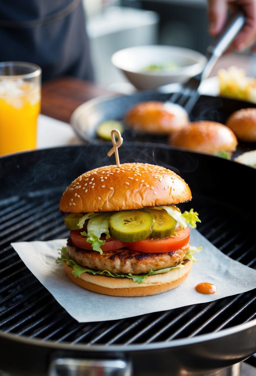 A sizzling grill cooks up a juicy Bubble Bass Burger, topped with pickles, lettuce, tomato, and a secret recipe sauce, ready to be served on a sesame seed bun