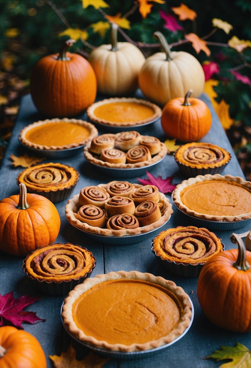 A table filled with pumpkin pies, apple crisps, and cinnamon rolls surrounded by colorful leaves and pumpkins