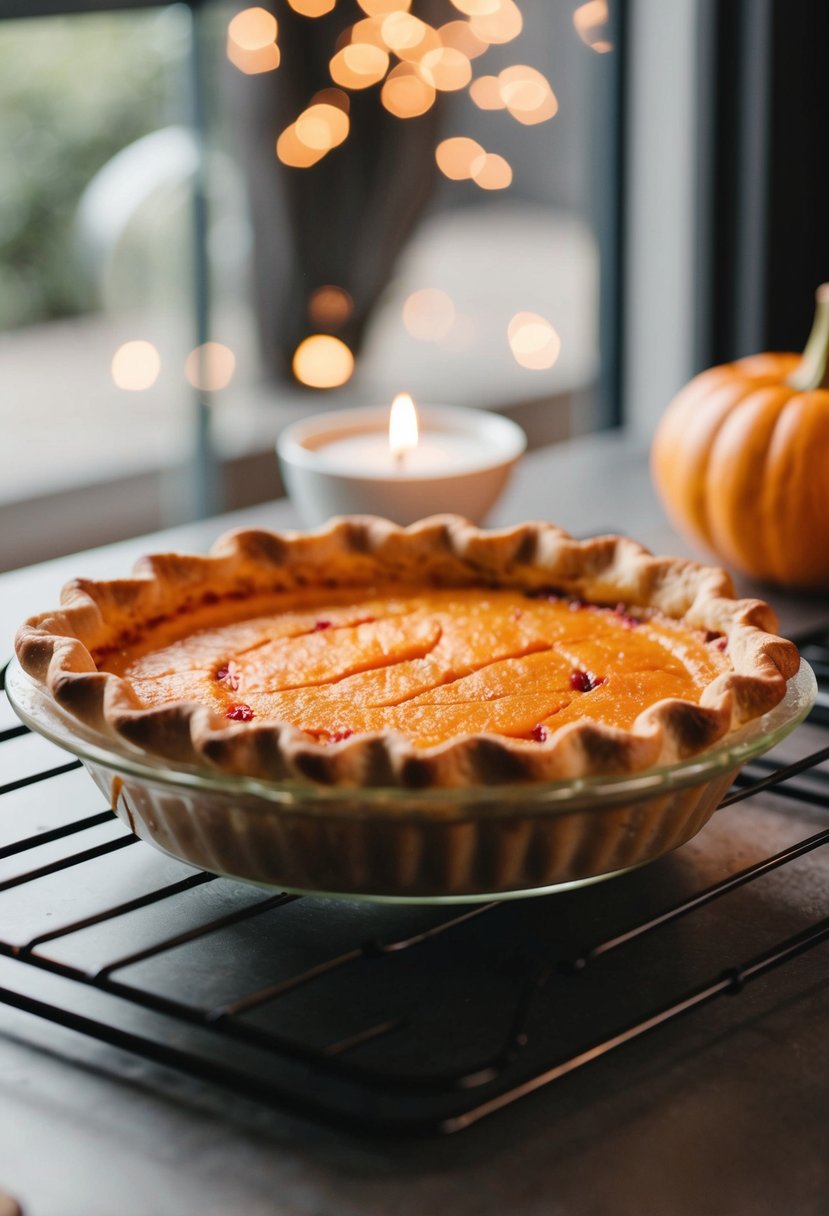 A butternut squash and cranberry pie being pulled out of the oven