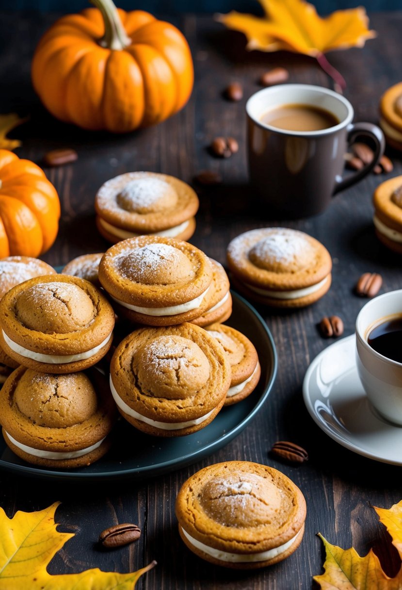 A table filled with freshly baked pumpkin spice whoopie pies, surrounded by autumn leaves and a warm cup of coffee