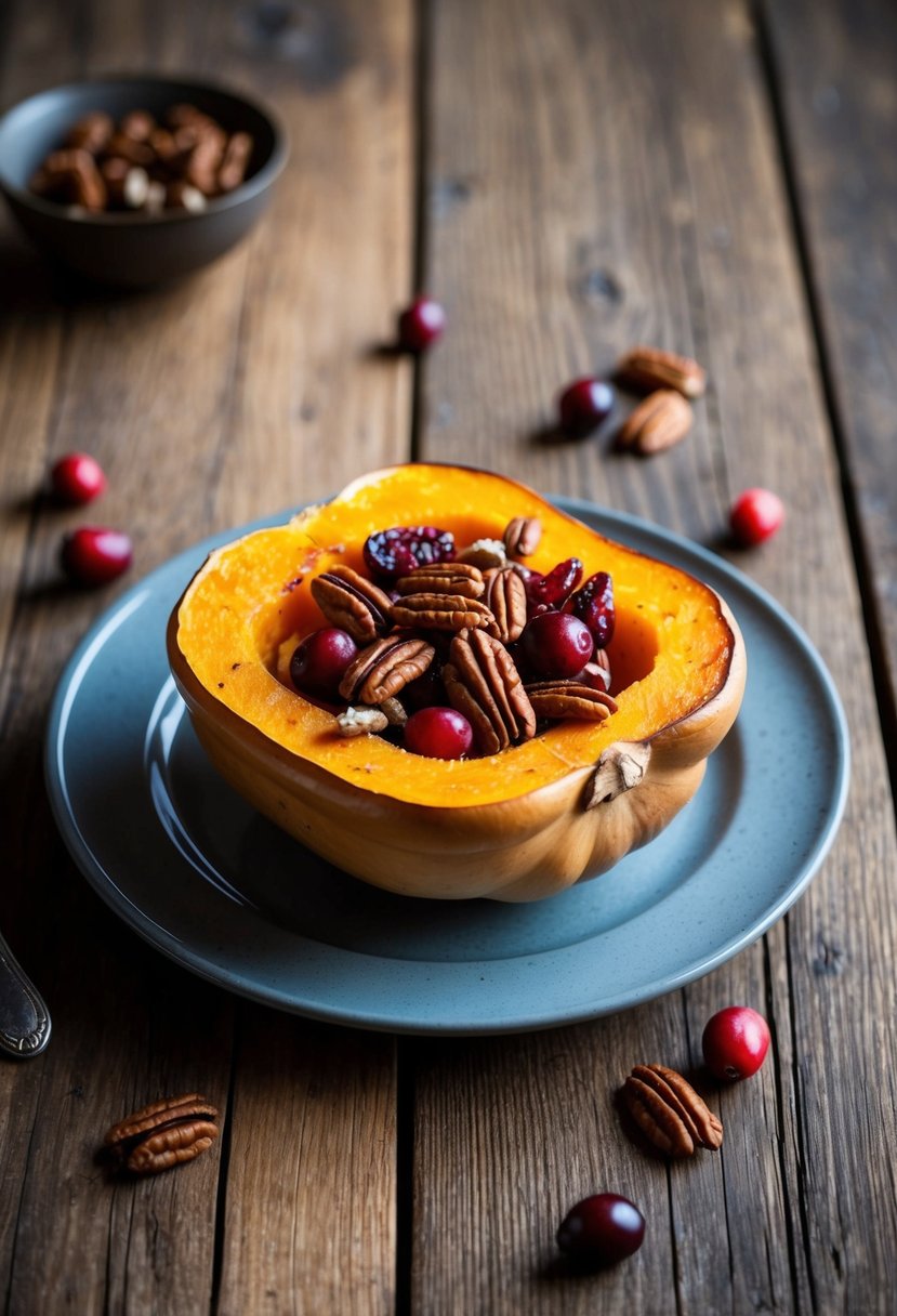 A rustic wooden table adorned with a golden roasted butternut squash topped with crimson cranberries and toasted pecans